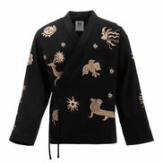 Black jacket with gold animal embroidery on a white background