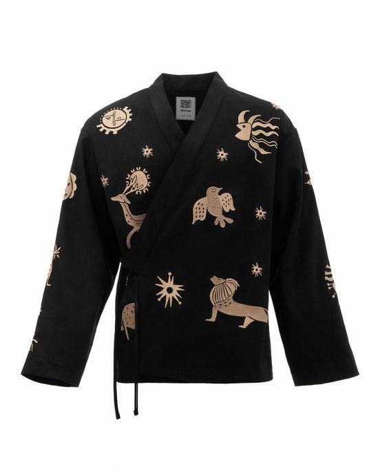 Black jacket with gold animal embroidery on a white background