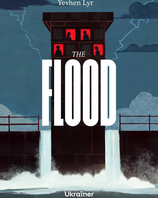 Book cover of 'The Flood' by Yevhen Lyr with a dark blue sky and water.