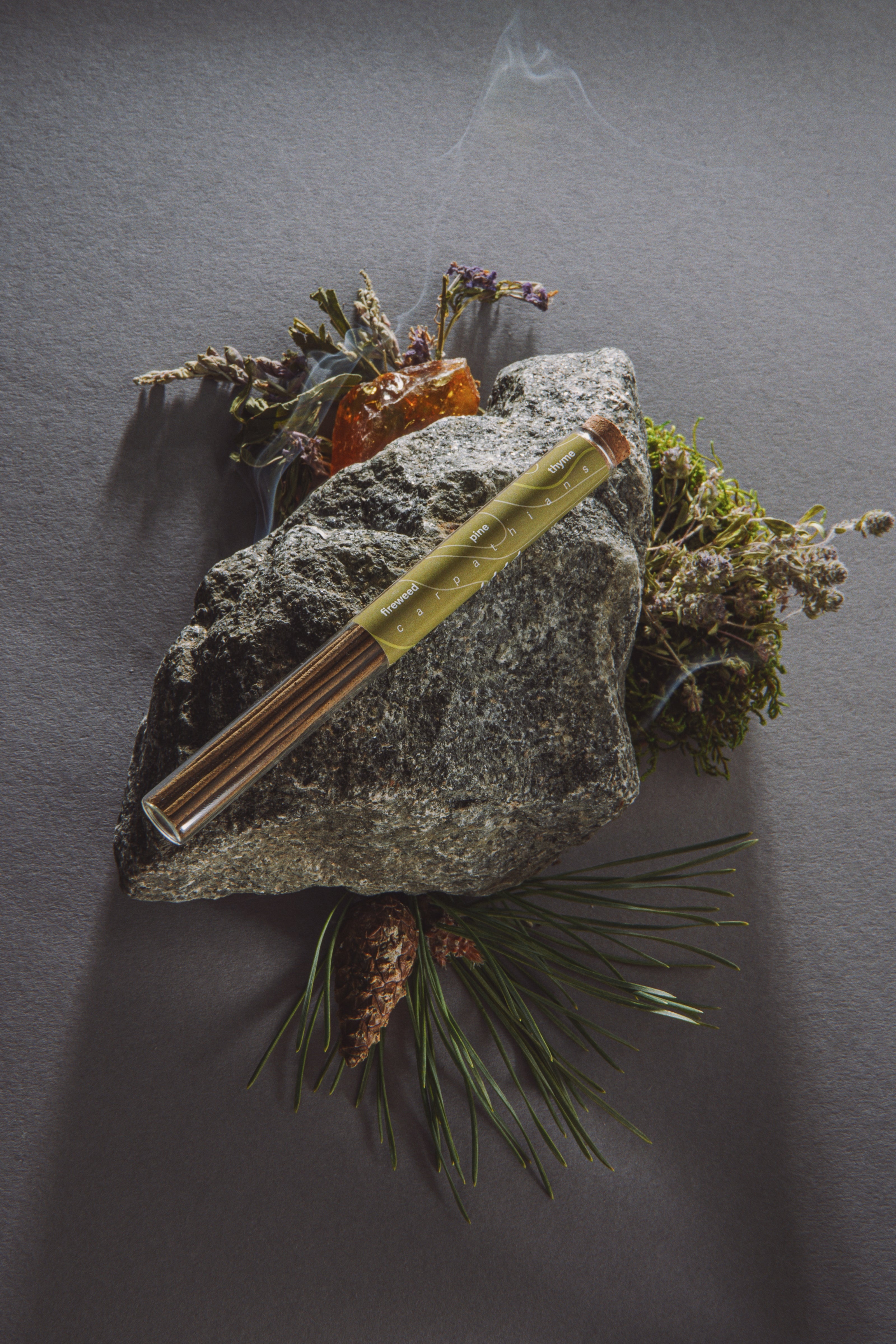 Metallic pen on a rock with natural elements against a dark background