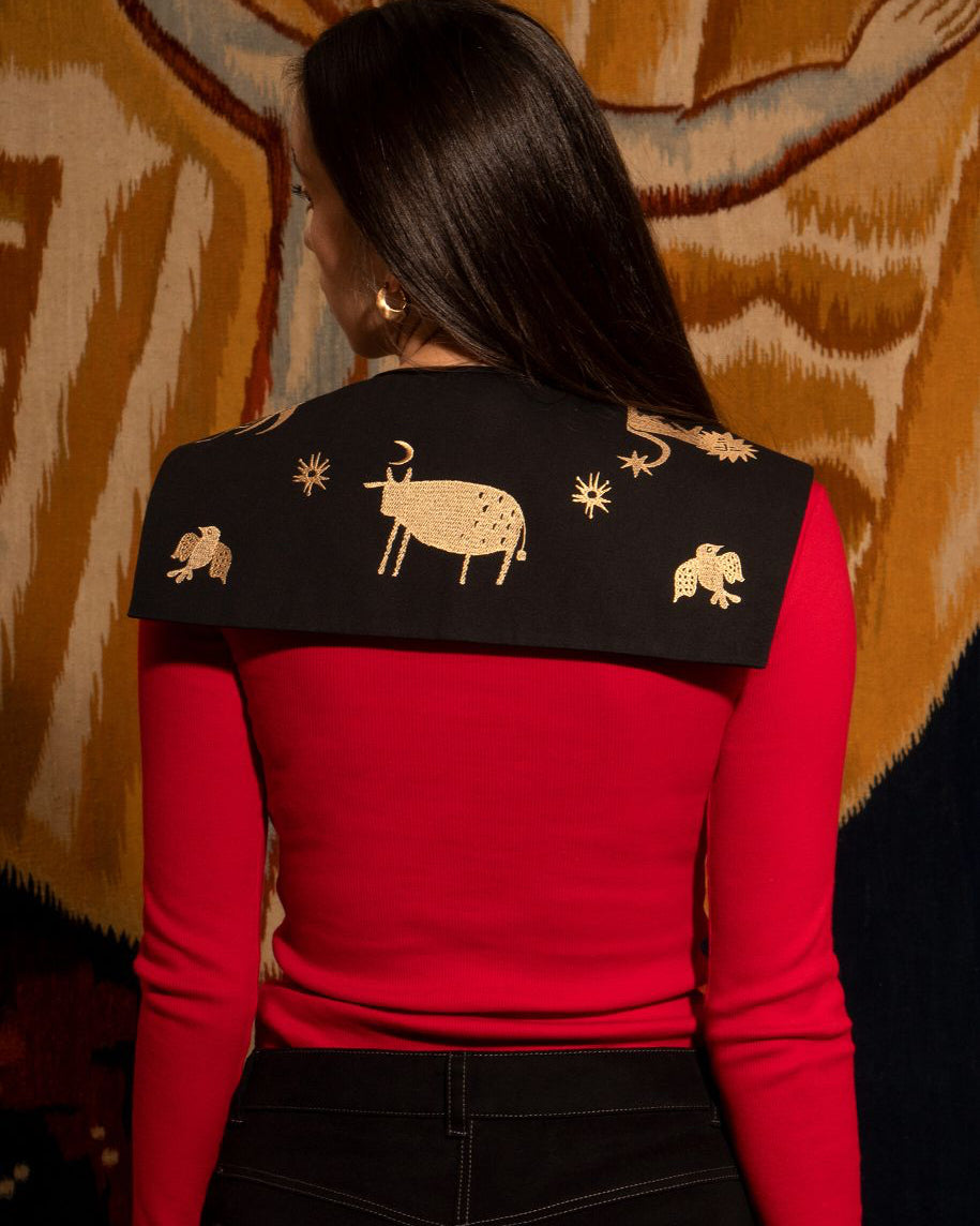 Person wearing a red top with a black shoulder cape featuring gold embroidery against a patterned wall.