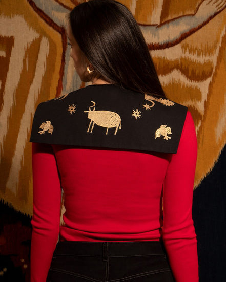 Person wearing a red top with a black shoulder cape featuring gold embroidery against a patterned wall.