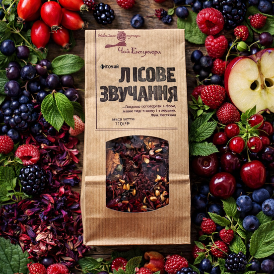 Packaged tea surrounded by a variety of colorful berries and fruits