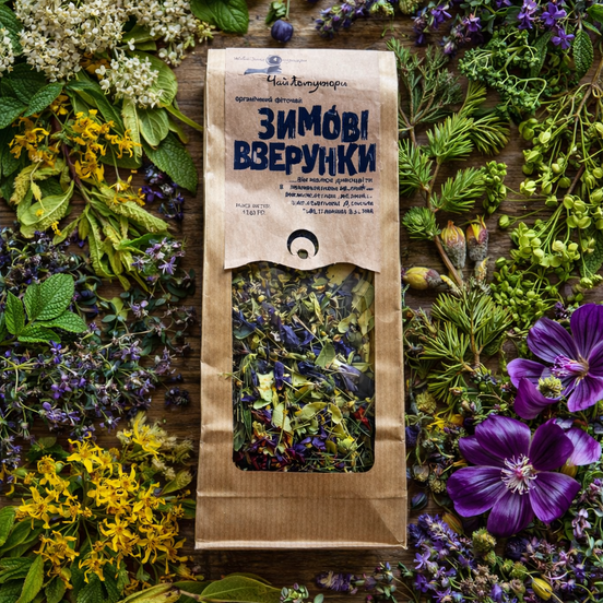 Herbal tea package surrounded by various herbs and flowers