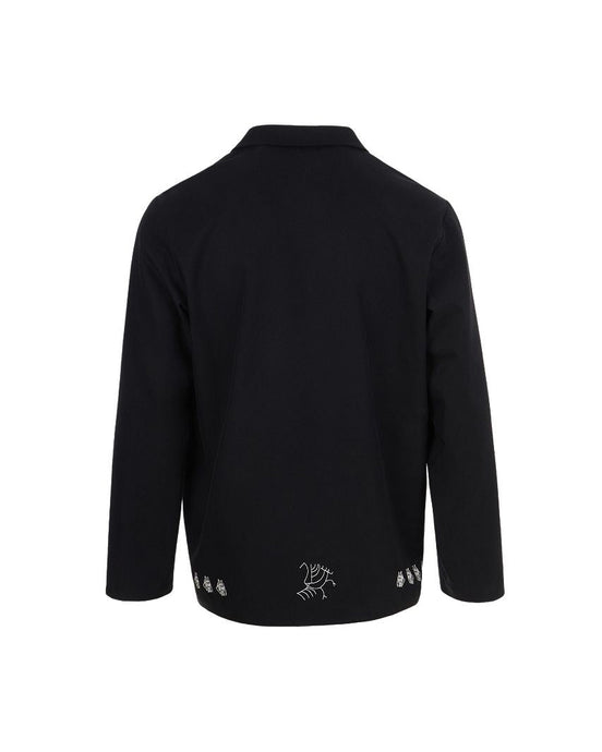 Black jacket with white embroidery on a white background