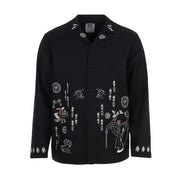 Black jacket with white embroidered designs on a white background