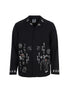 Black jacket with white embroidered designs on a white background