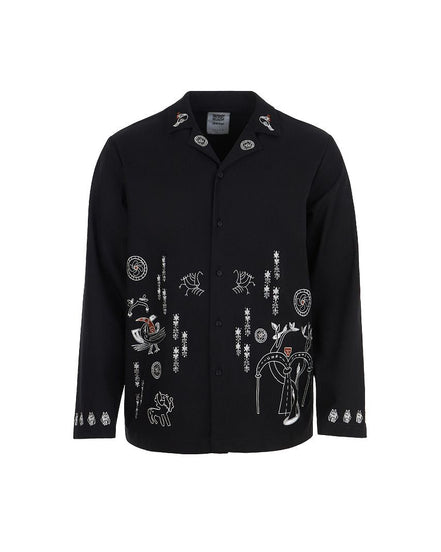 Black jacket with white embroidered designs on a white background