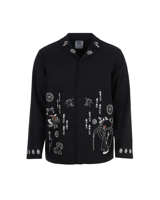 Black jacket with white embroidered designs on a white background