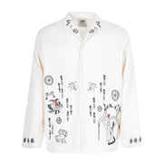 White shirt with black and red graphic designs on a white background