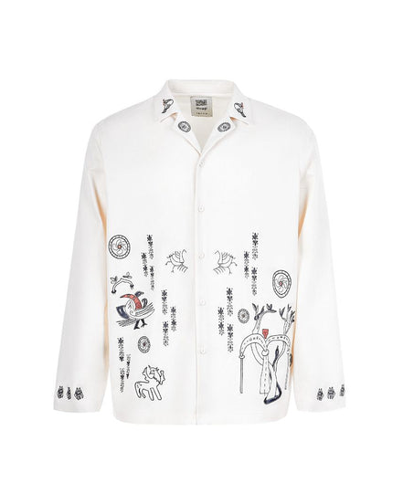 White shirt with black and red graphic designs on a white background