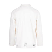 White long-sleeve shirt with a small logo on a white background