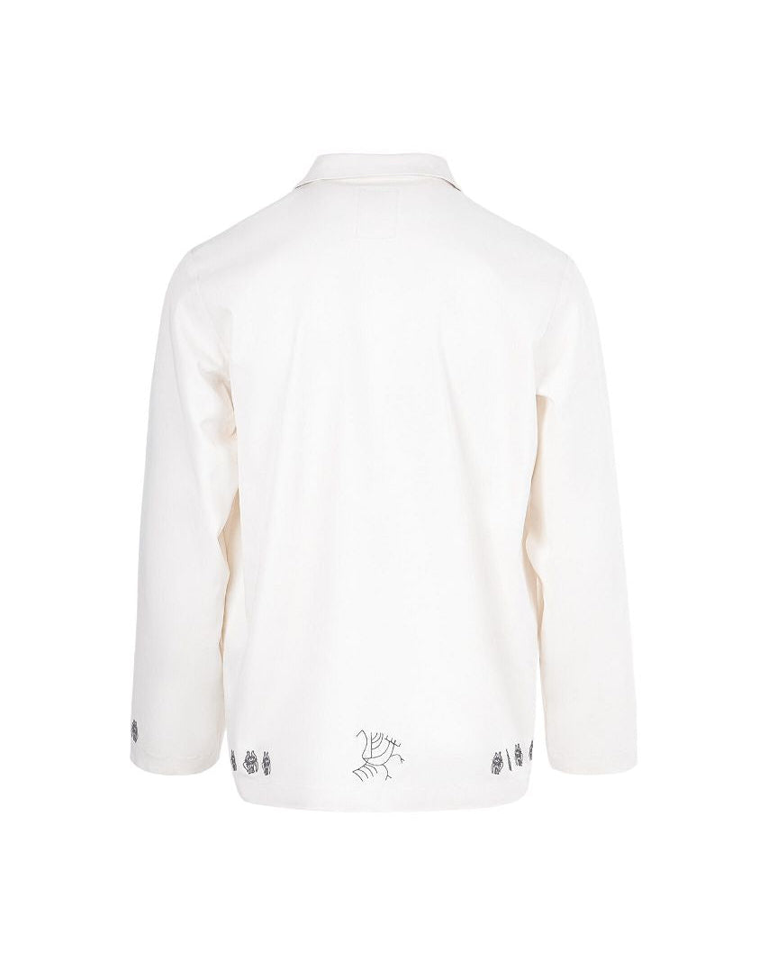 White long-sleeve shirt with a small logo on a white background