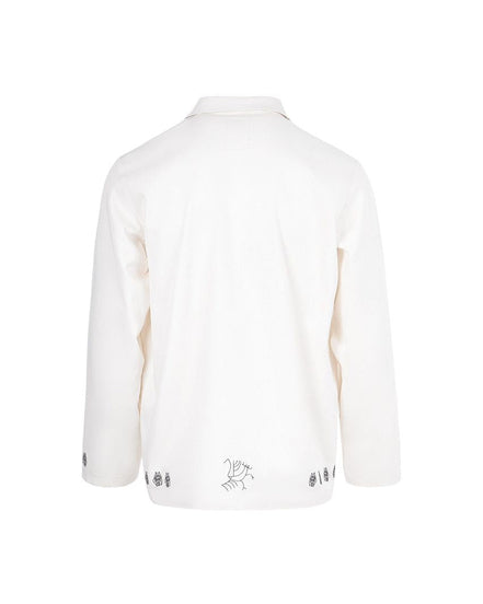 White long-sleeve shirt with a small logo on a white background