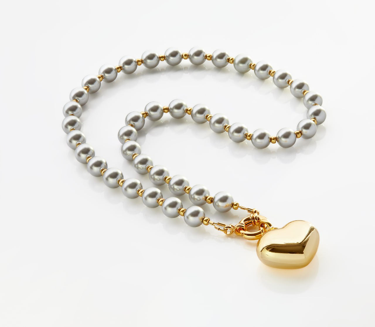Golden Heart Necklace on Grey Pearls