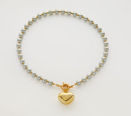 Golden Heart Necklace on Grey Pearls