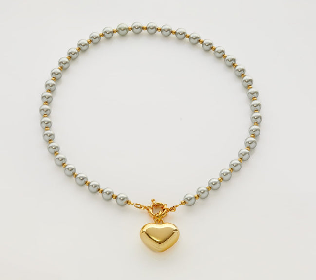 Golden Heart Necklace on Grey Pearls