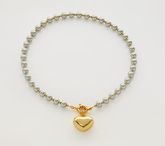 Golden Heart Necklace on Grey Pearls