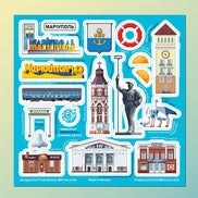Collection of illustrated stickers featuring buildings and symbols on a blue background