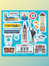 Collection of illustrated stickers featuring buildings and symbols on a blue background