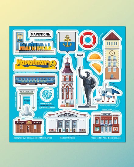Collection of illustrated stickers featuring buildings and symbols on a blue background