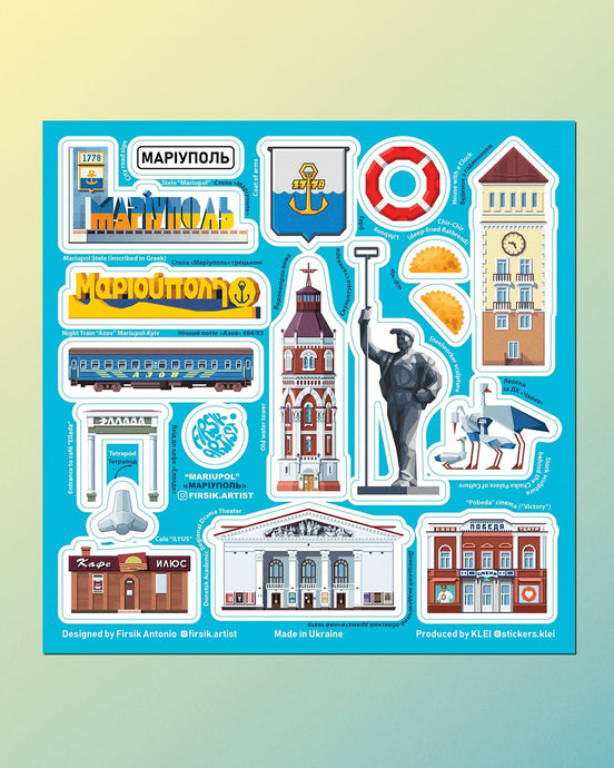 Collection of illustrated stickers featuring buildings and symbols on a blue background