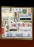 Collection of illustrated stickers on a brown background