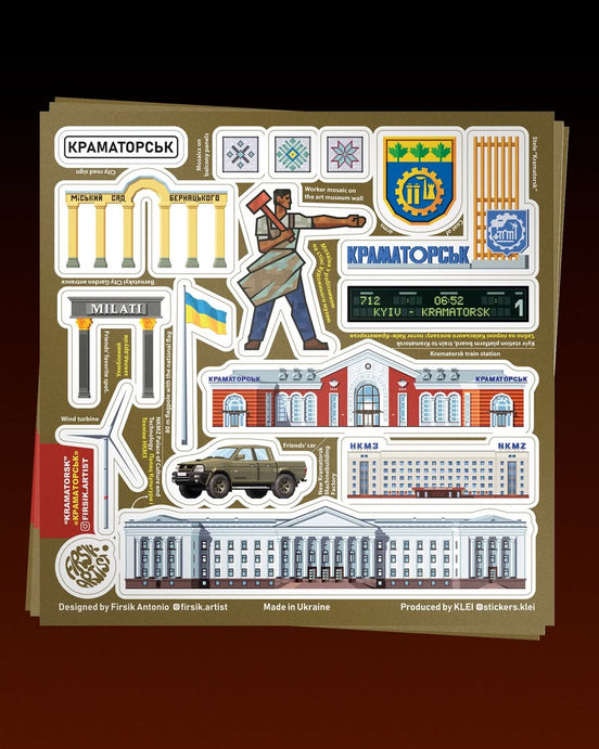 Collection of illustrated stickers on a brown background