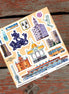 Sheet of travel-themed stickers on a wooden surface