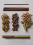 Incense sticks with dried herbs and flowers on a light gray background