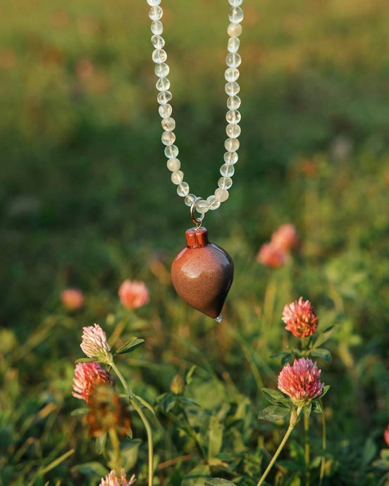 Necklace with a brown pendant hanging over flowers in a field